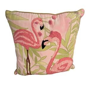 Tropical Pink Flamingo Embroidered Accent 18" Throw Pillow Coastal Beach Decor